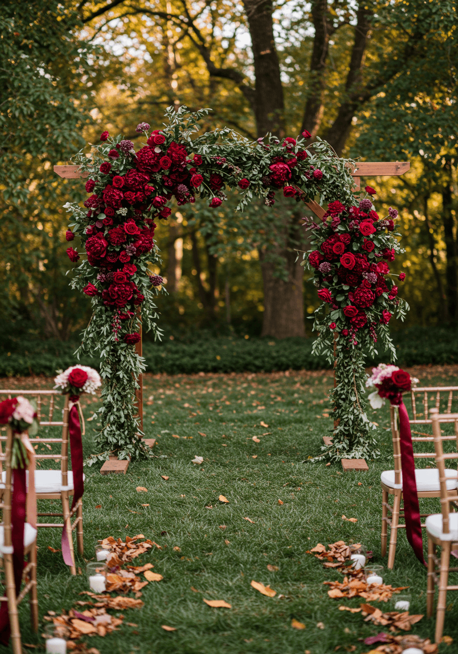 Cascading burgundy floral ceremony arch with deep red roses and wine-coloured peonies in outdoor garden setting