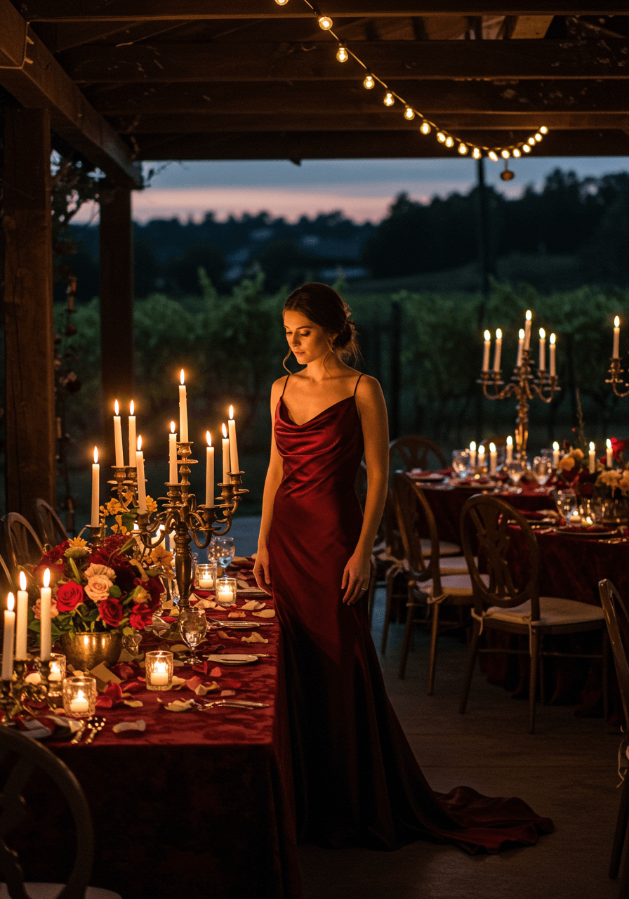 Romantic bride in elegant burgundy silk dress standing beside ornate candelabras in vineyard reception space at twilight