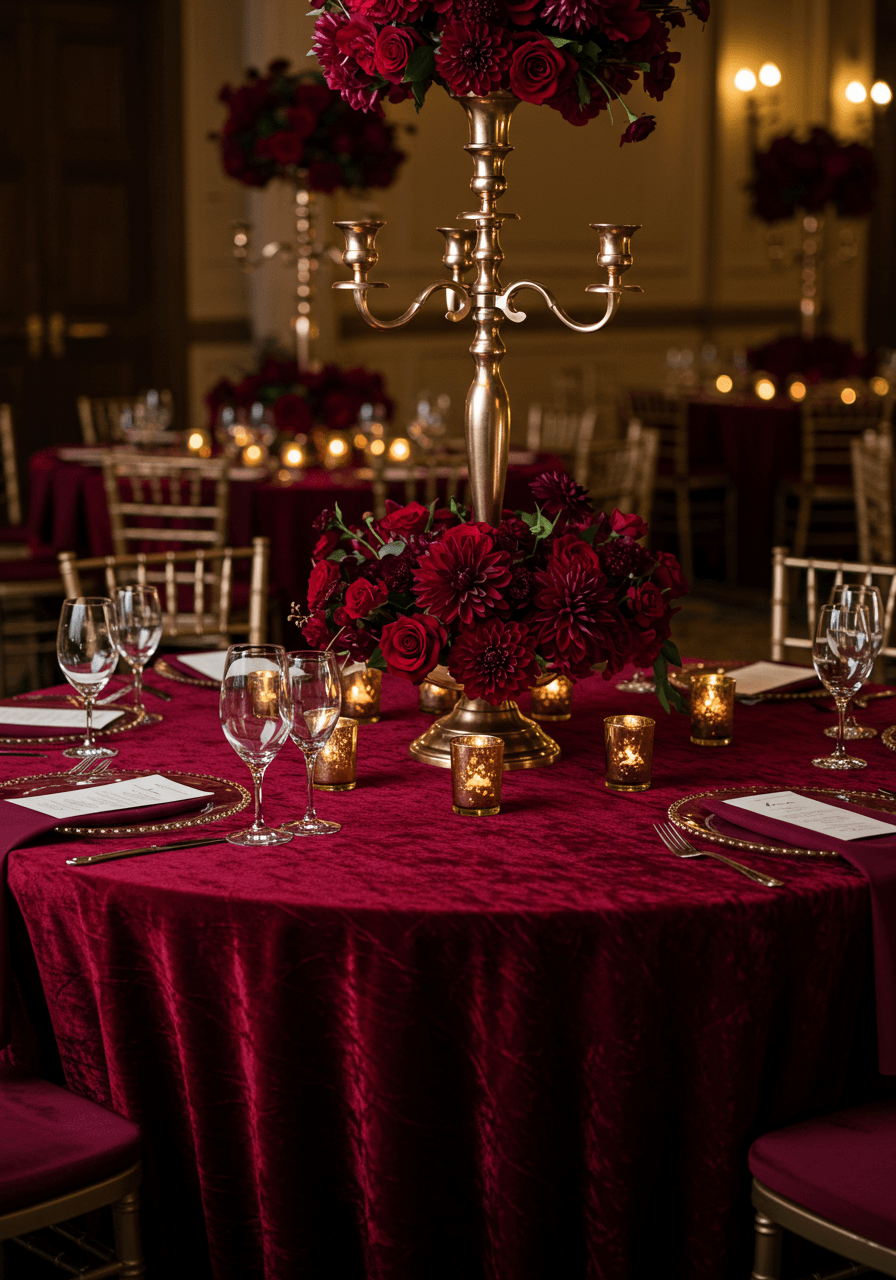 Wide view of ballroom reception with burgundy velvet linens, rose gold accents, and deep red floral arrangements