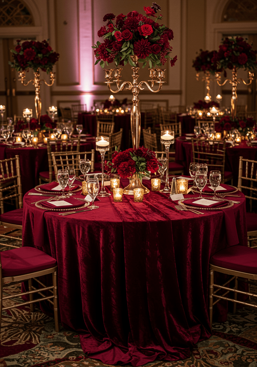 Burgundy velvet table runners cascading over round reception tables with rose gold candelabras in elegant ballroom