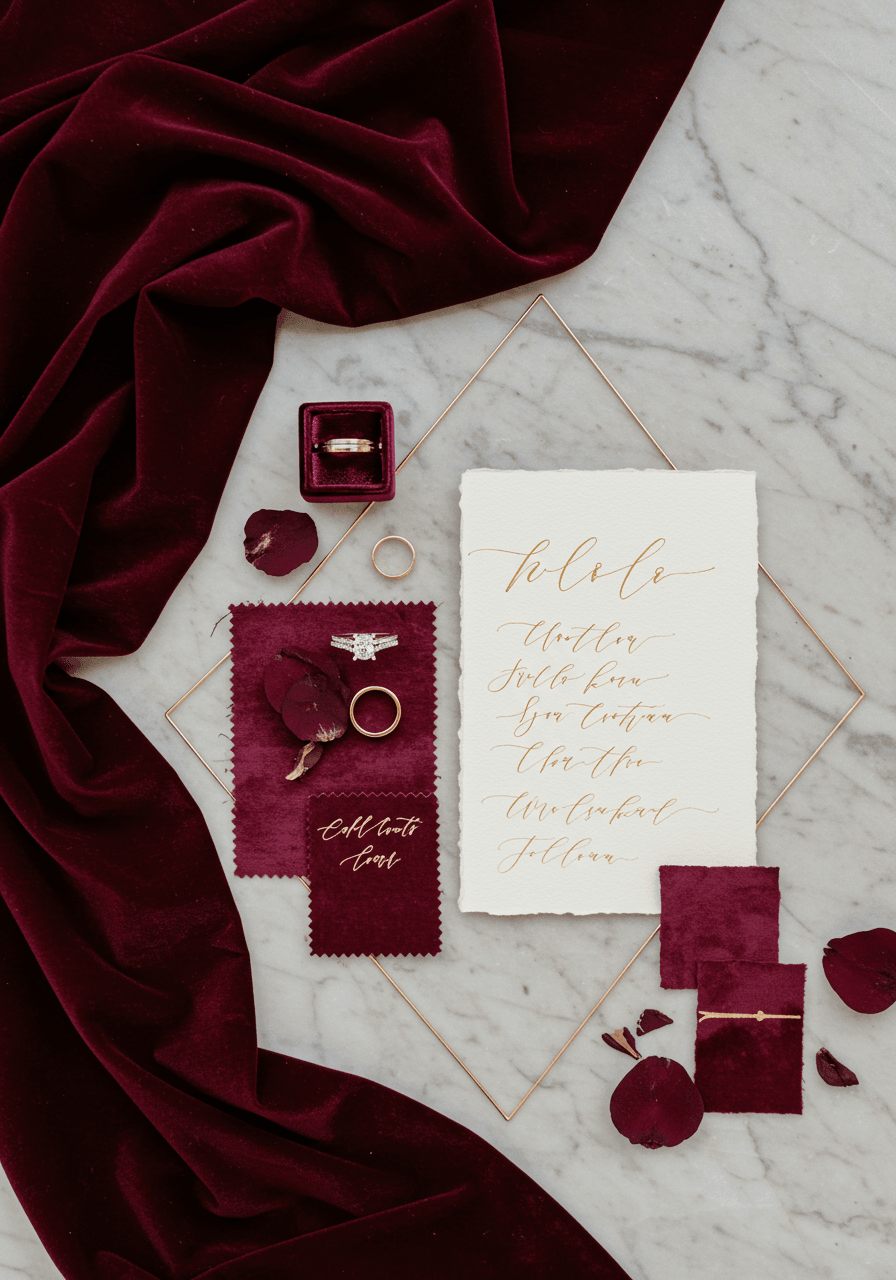 Wedding planning flat lay with burgundy silk fabric swatches, rose gold rings, and elegant calligraphy details