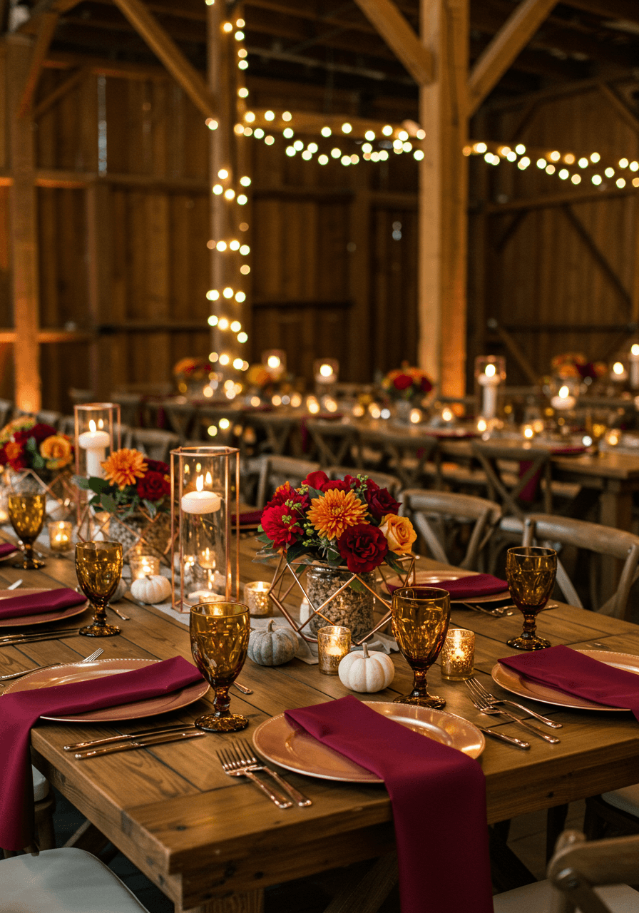 Close-up detail of barn reception table with copper centrepieces, mini pumpkins, and burgundy florals