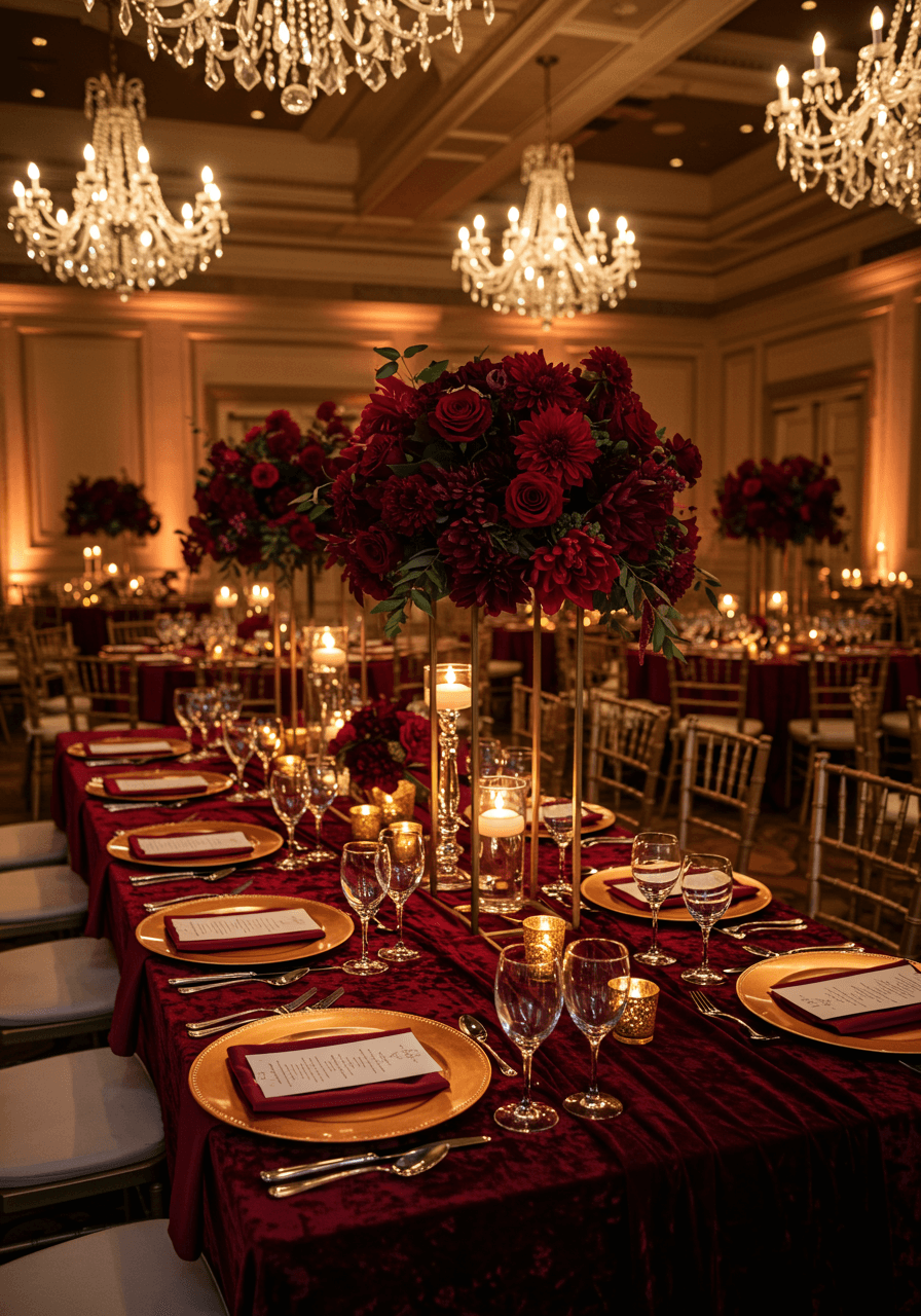 Elegant ballroom wedding table with rose gold charger plates and burgundy velvet table runners under sparkling crystal chandeliers during golden hour