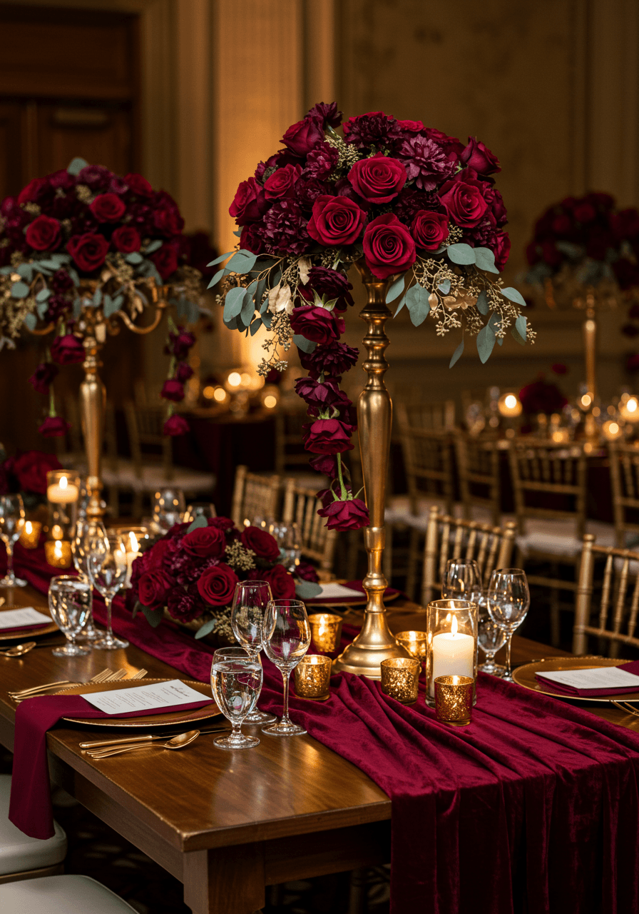 Luxurious wedding reception with tall burgundy velvet table runners and gold candelabras in opulent ballroom setting
