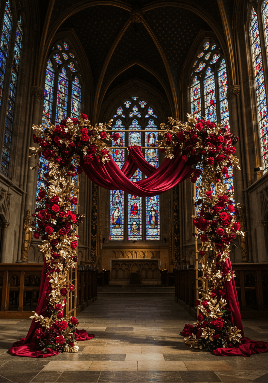 Ornate cathedral wedding arch with burgundy silk draping and cascading floral arrangements under stained glass windows