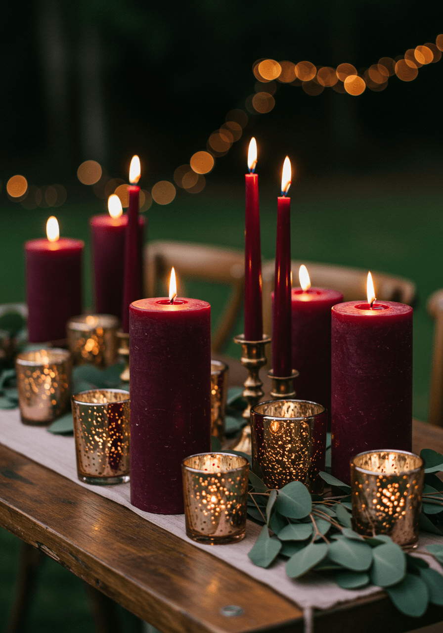 Multiple burgundy pillar candles and rose gold mercury glass votives arranged on rustic wooden table in garden setting