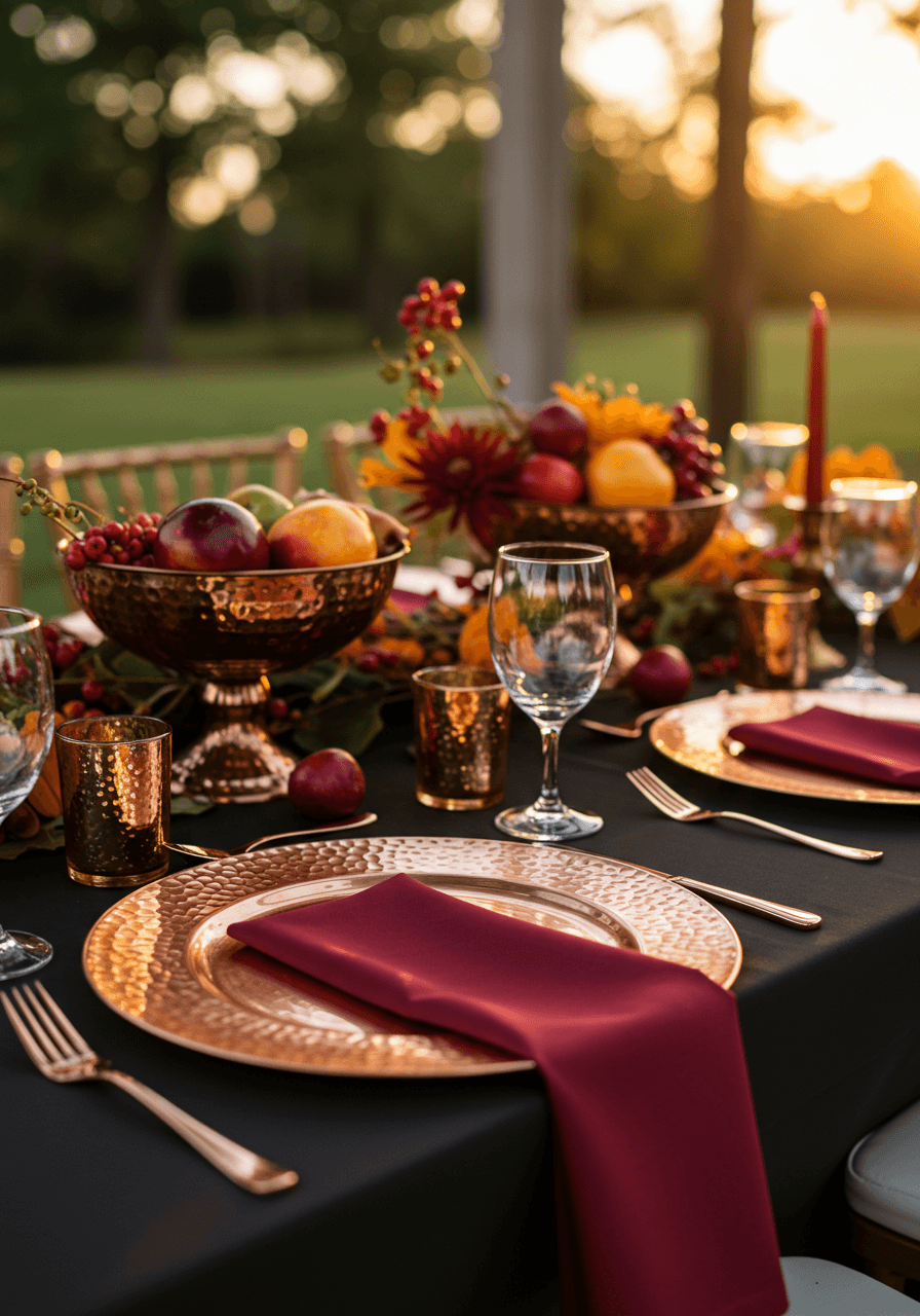 Close-up detail of hammered copper charger plates and seasonal fruit centrepiece arrangement