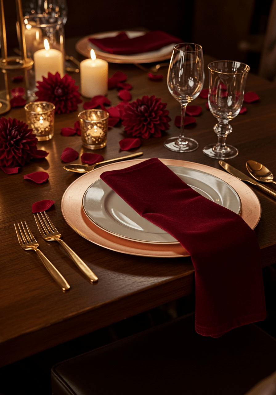 Close-up detail of elegant place setting with rose gold rimmed plates, burgundy velvet napkins, and scattered dahlia petals