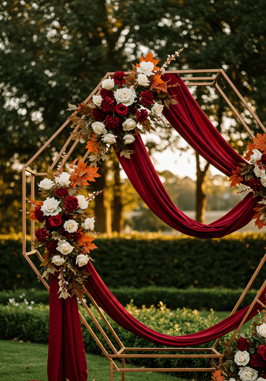 Close-up detail of rose gold hexagonal wedding arch frames with burgundy fabric swags