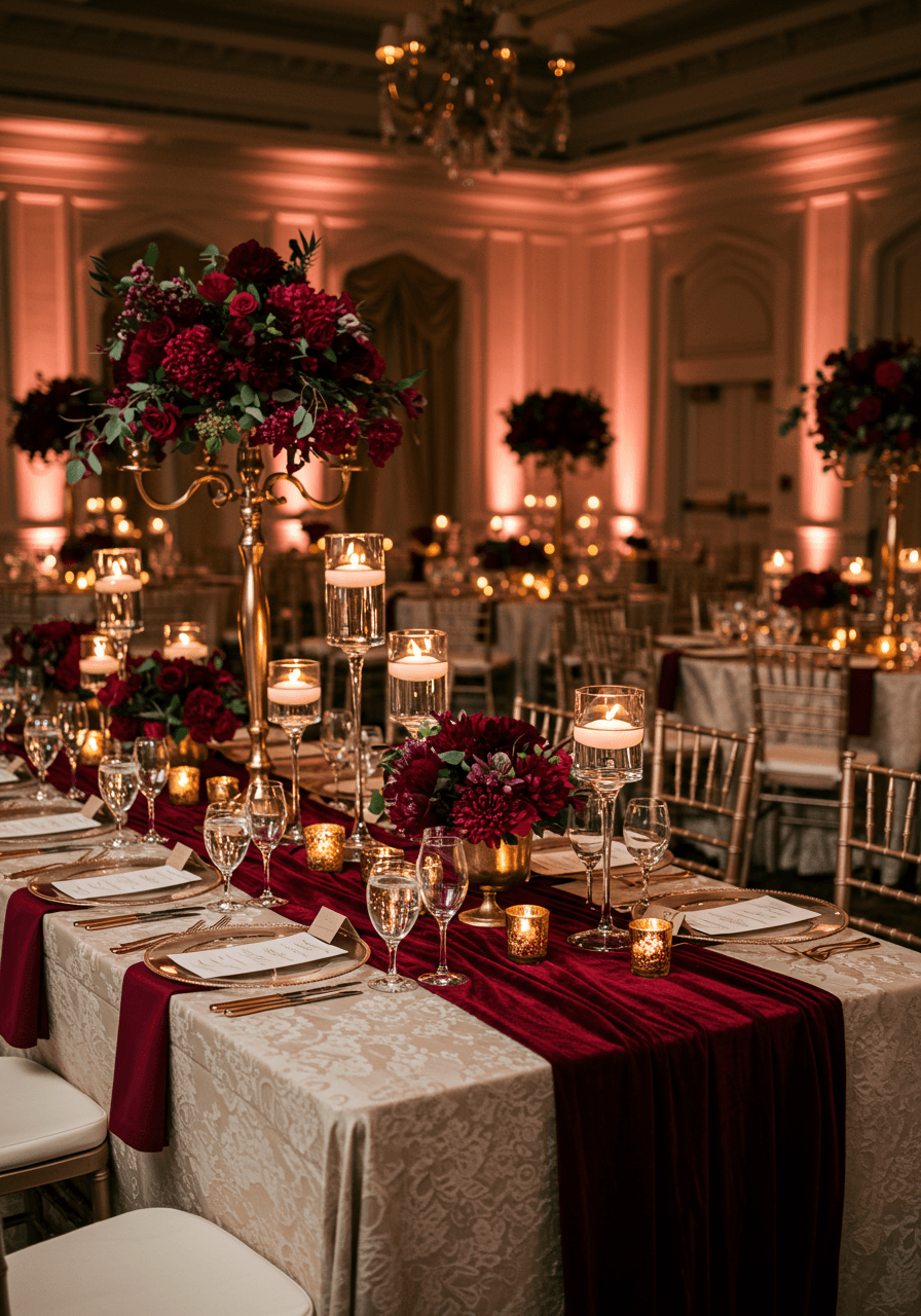 Luxurious ballroom reception table with rose gold charger plates, burgundy velvet runners, and tall metallic candelabras