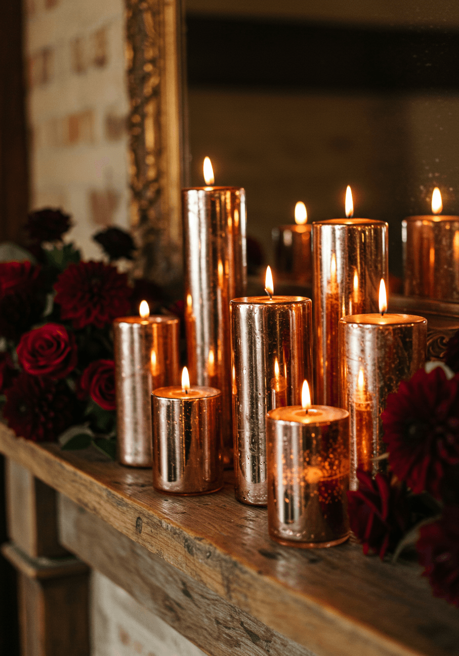 Low angle view of rose gold candle display with burgundy flowers and atmospheric lighting