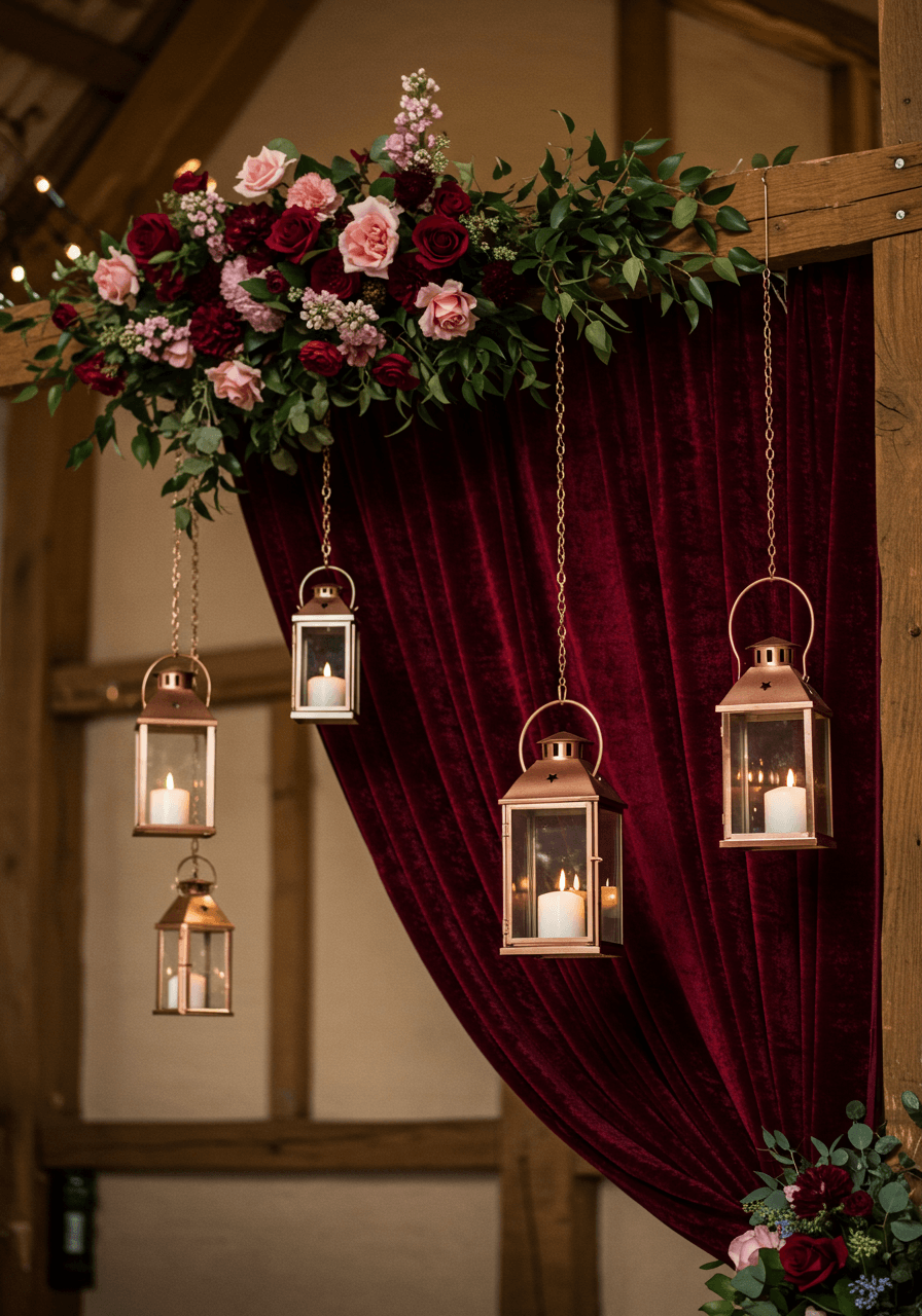 Rose gold lanterns hanging at varying heights from rustic barn beams with burgundy velvet backdrop