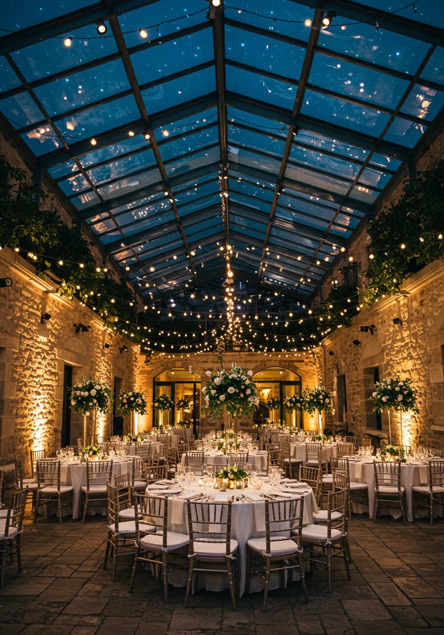 Starlit wedding reception setup under glass ceiling with stone walls and elegant table arrangements for celestial celebration