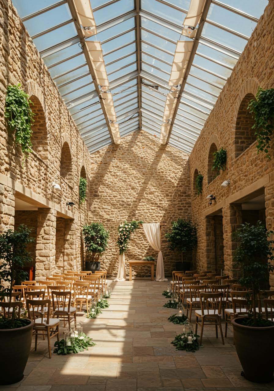 Stone atrium wedding ceremony with glass walls creating an intimate sacred space for exchanging vows