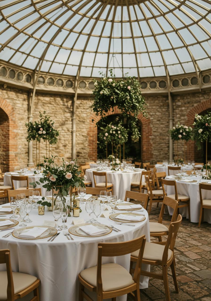Elegant table setting detail in a conservatory reception space with glass ceiling and stone architectural elements