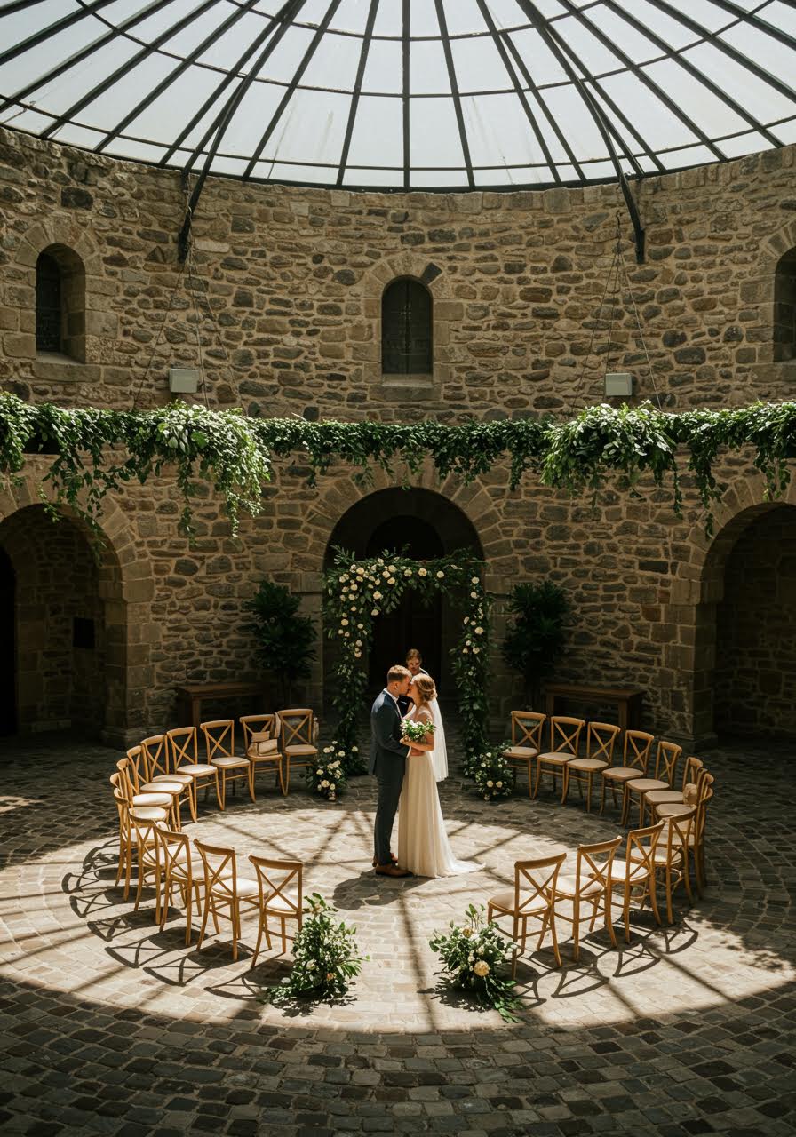 Newlywed couple sharing their first kiss in a sun-drenched rotunda ceremony space with stone pillars and glass ceiling