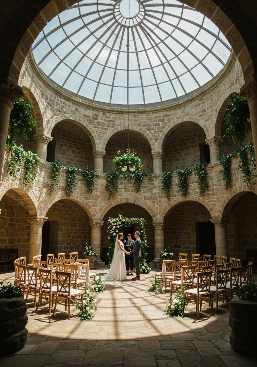 Elegant bride and groom exchanging vows in a circular stone rotunda with dramatic sunlight streaming through tall windows