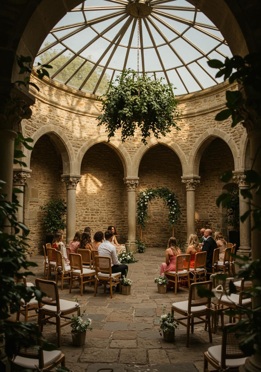Intimate wedding guest seating arranged in a circle within a bright stone rotunda ceremony space