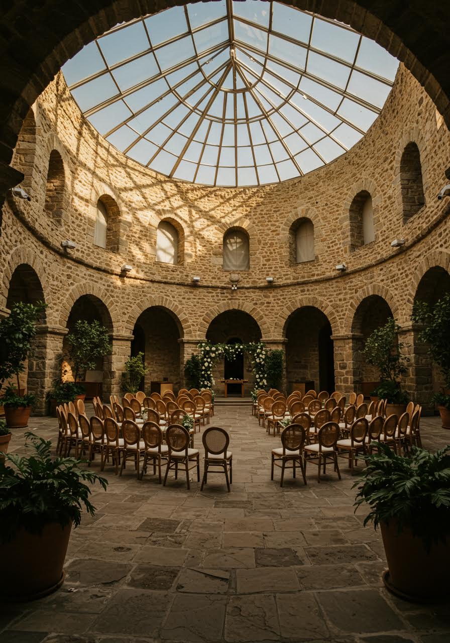 Golden hour ceremony in a stone rotunda with warm sunlight filtering through glass panels creating romantic shadows