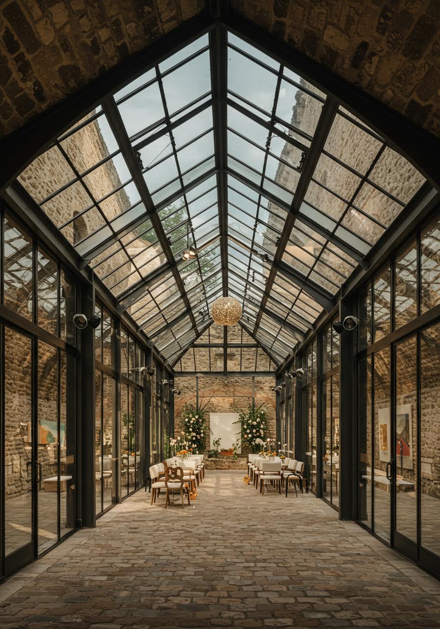 Contemporary glass wedding venue reception space showcasing fusion of modern design with traditional stone elements
