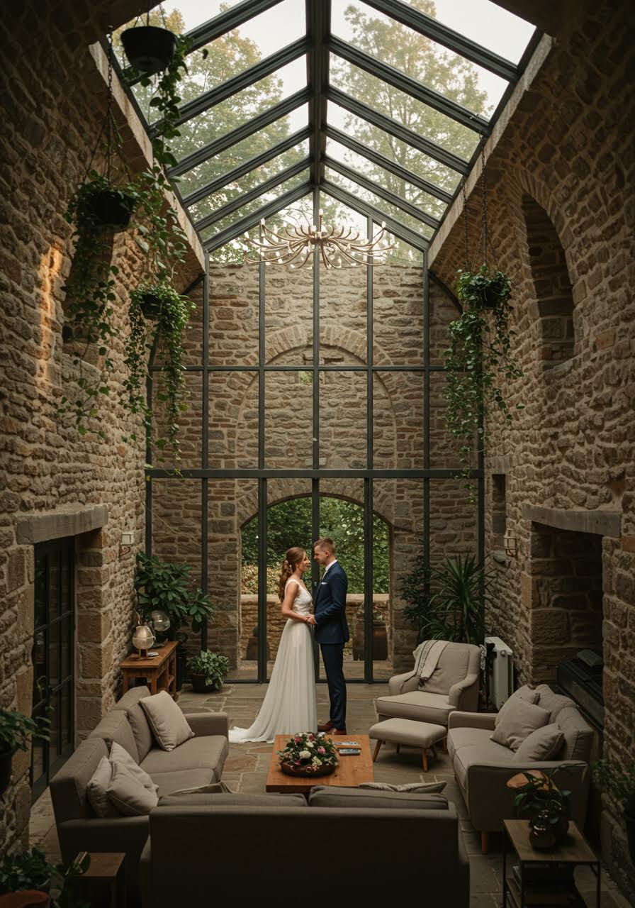 Romantic couple relaxing in a sunken living room area within a glass and stone venue during golden hour lighting