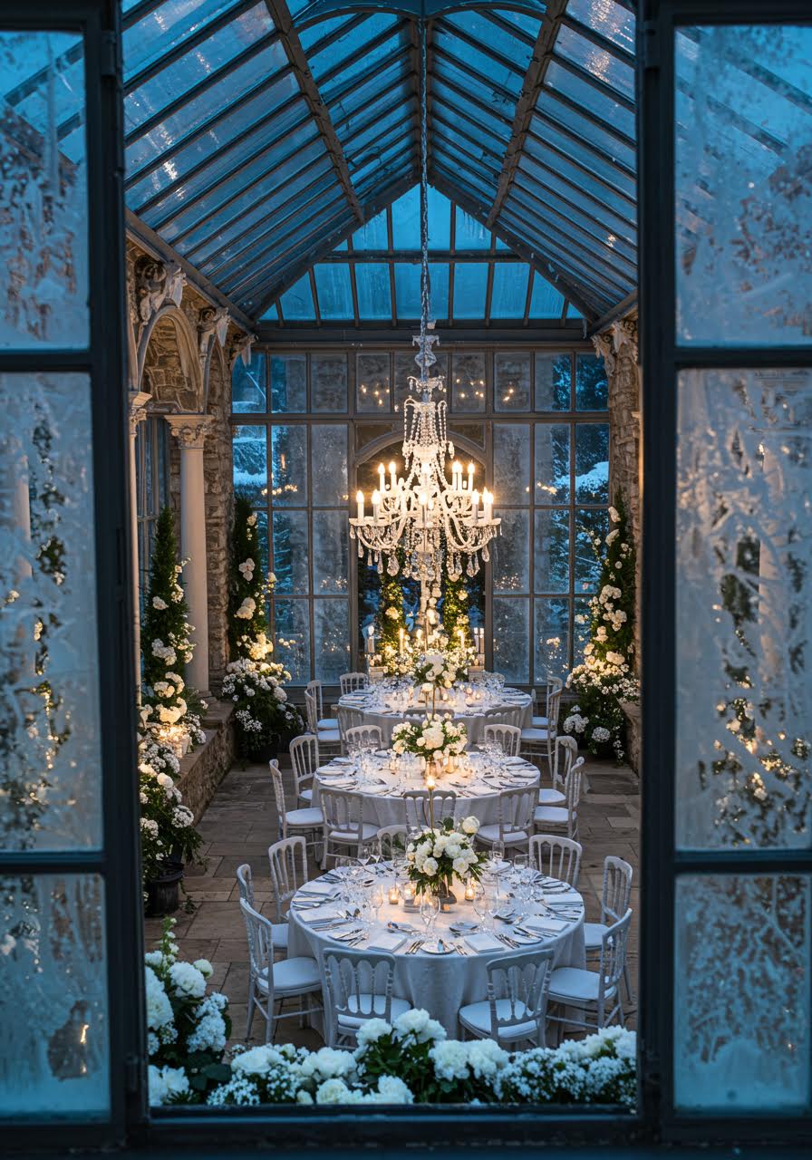 Detailed view of winter wedding table settings in conservatory with seasonal elements and natural lighting