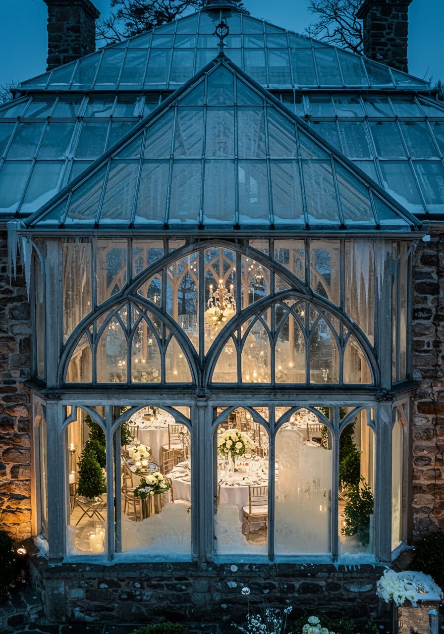 Winter garden conservatory venue during golden hour with frost-kissed glass walls and elegant seasonal wedding decor