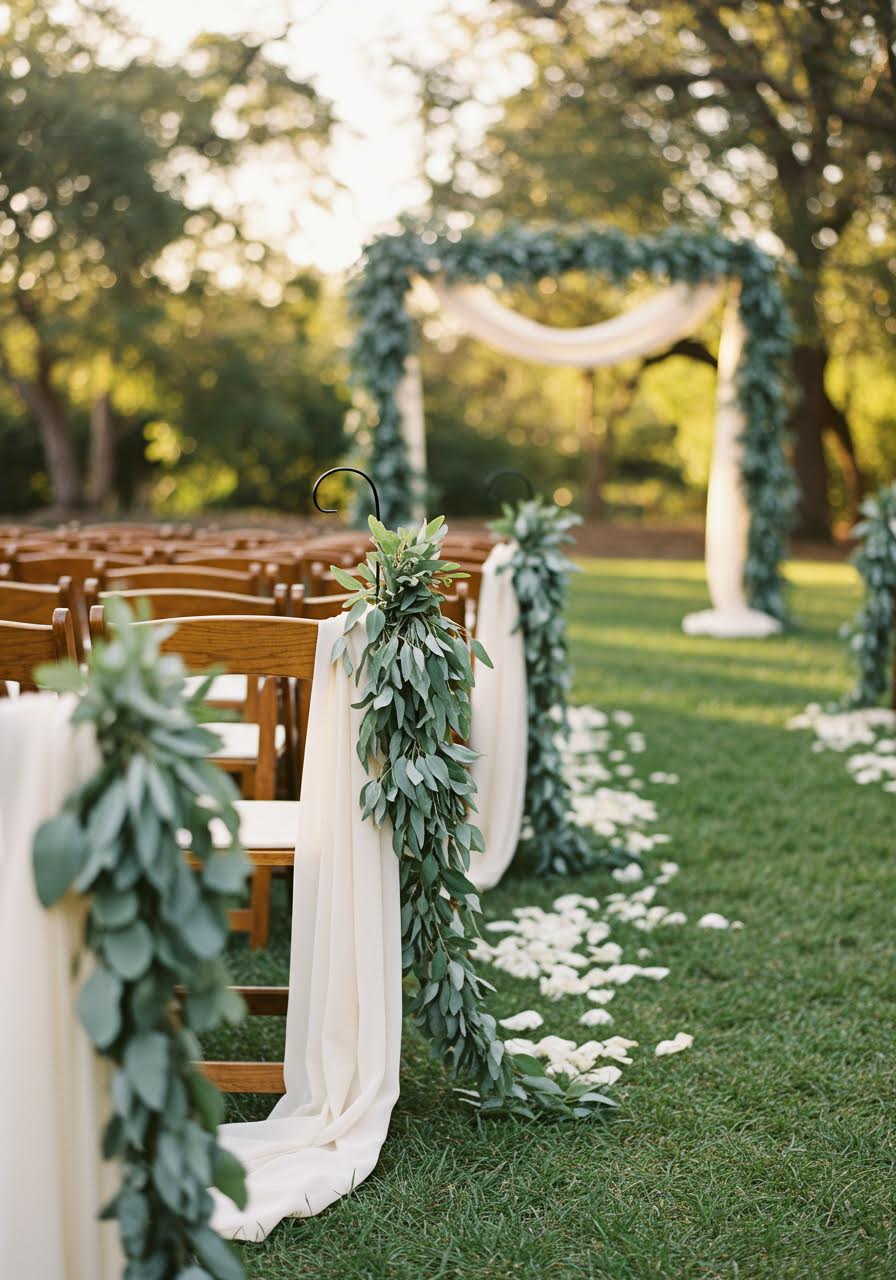 Garden wedding aisle lined with sage green eucalyptus garlands during golden hour ceremony