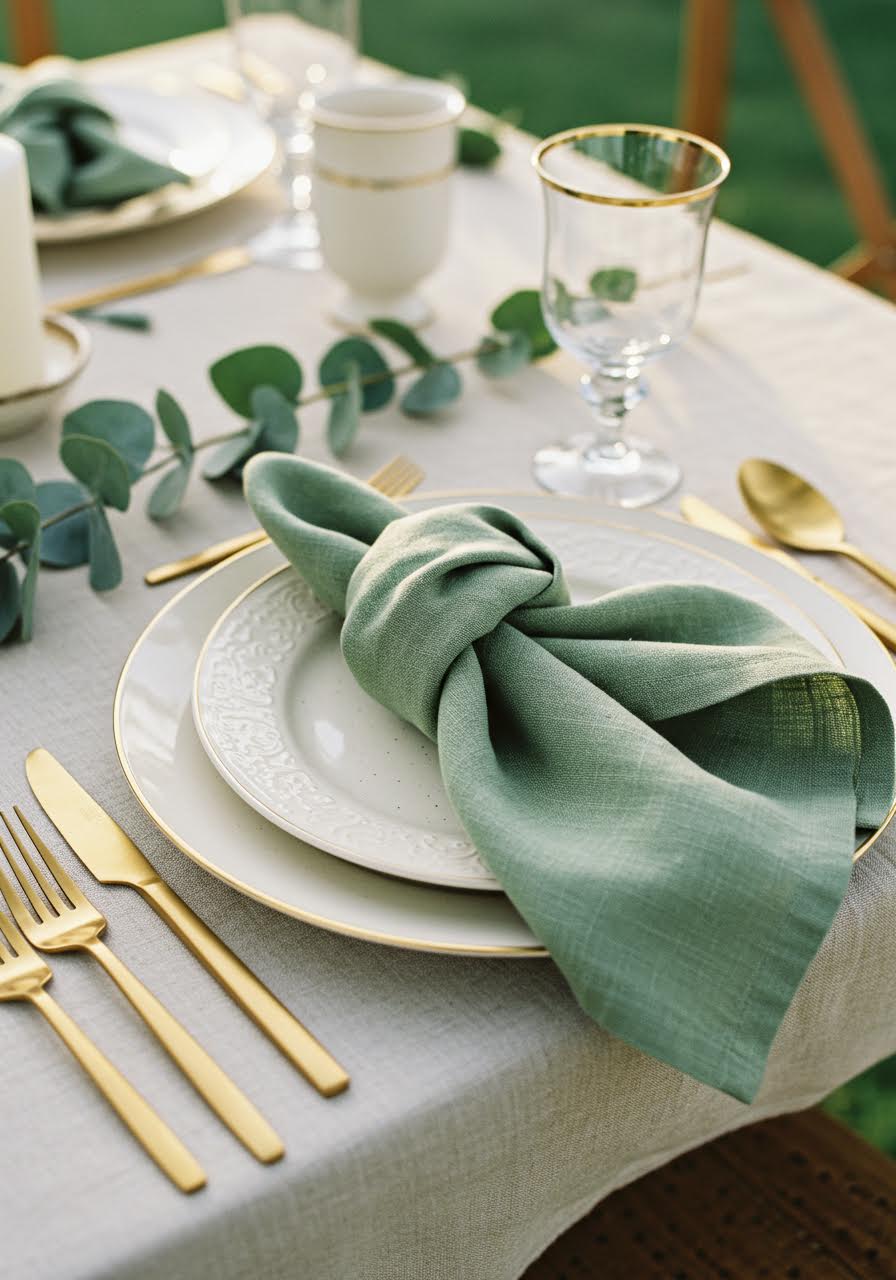 Sage green botanical napkins artfully folded on garden table setting with natural elements