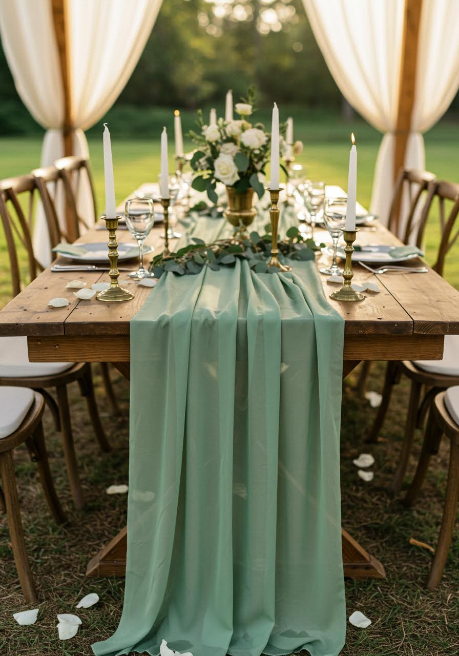 Flowing sage green chiffon table runner on rustic farmhouse wedding table with natural wood