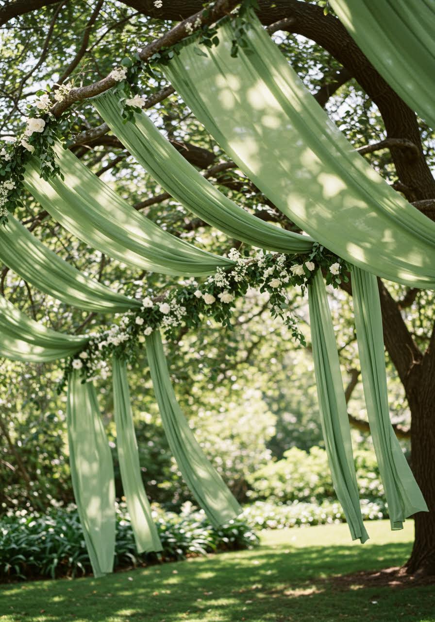 Overhead view of sage green fabric draped artistically between trees in garden wedding setting
