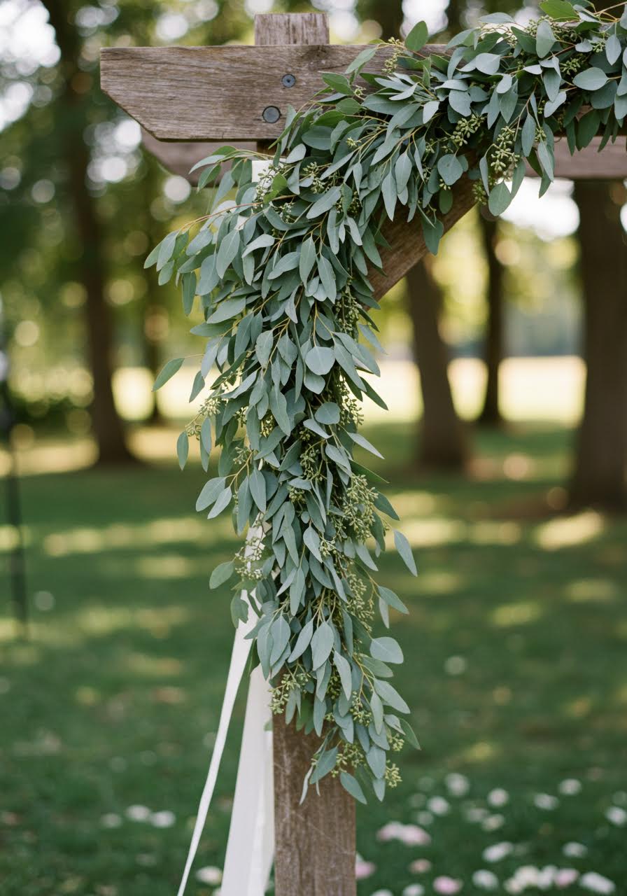 Detail shot of eucalyptus garland draping technique on wedding arbor structure