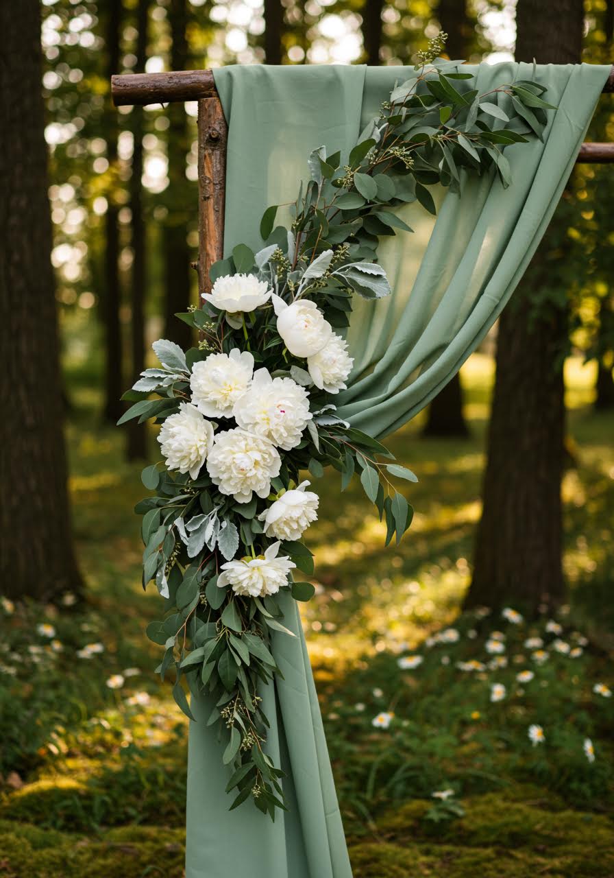 Close-up detail of peony and eucalyptus arrangement on forest wedding arch