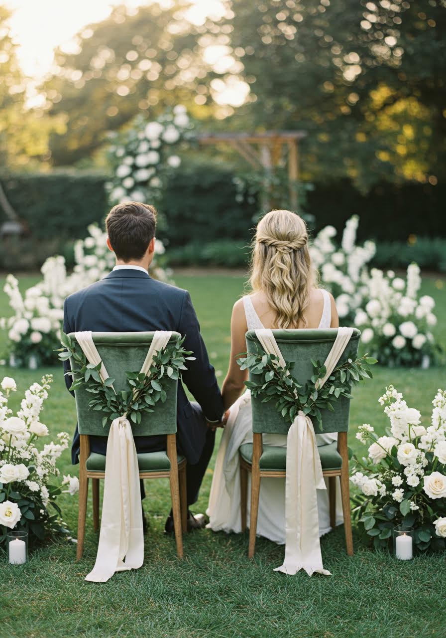 Elegant sage green velvet wedding ceremony chairs arranged in garden setting with natural backdrop