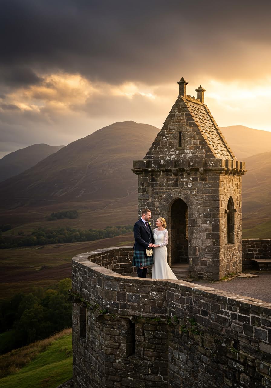 Newlyweds embracing on medieval castle battlements with sweeping Highland mountain views during golden hour