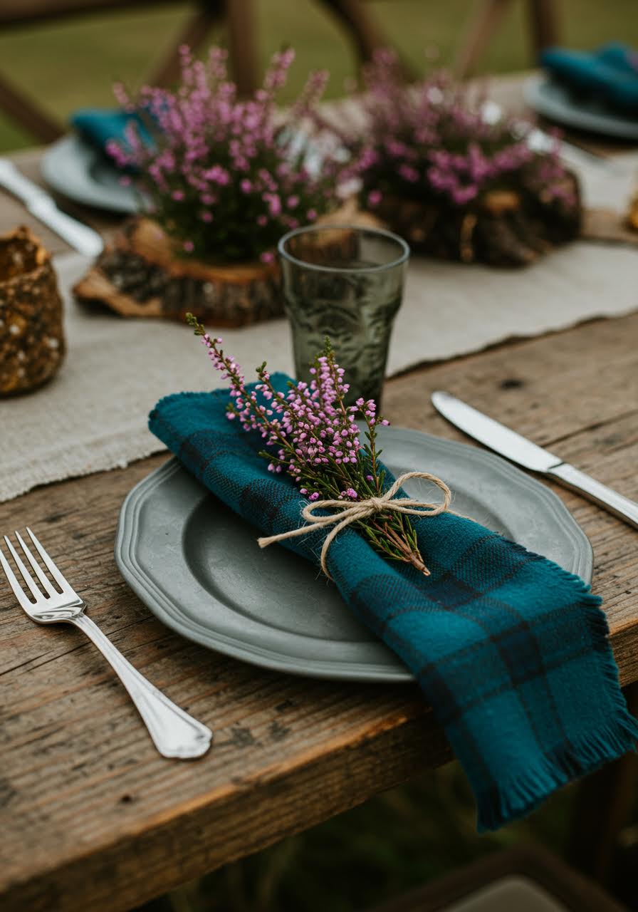 Close-up of Highland place setting featuring handwoven tartan napkins, pewter plates, and fresh heather sprigs