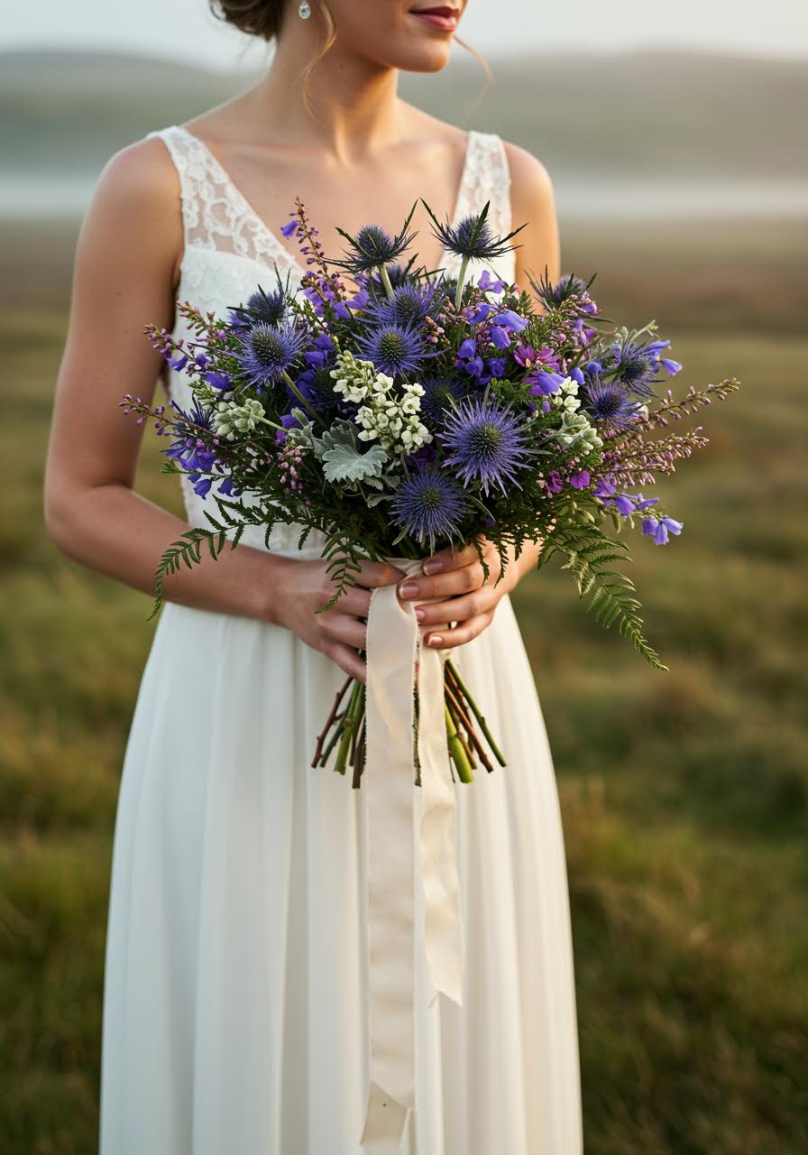 Bride holding dramatic Highland bouquet featuring purple Scottish thistle, white heather, and wild bluebells