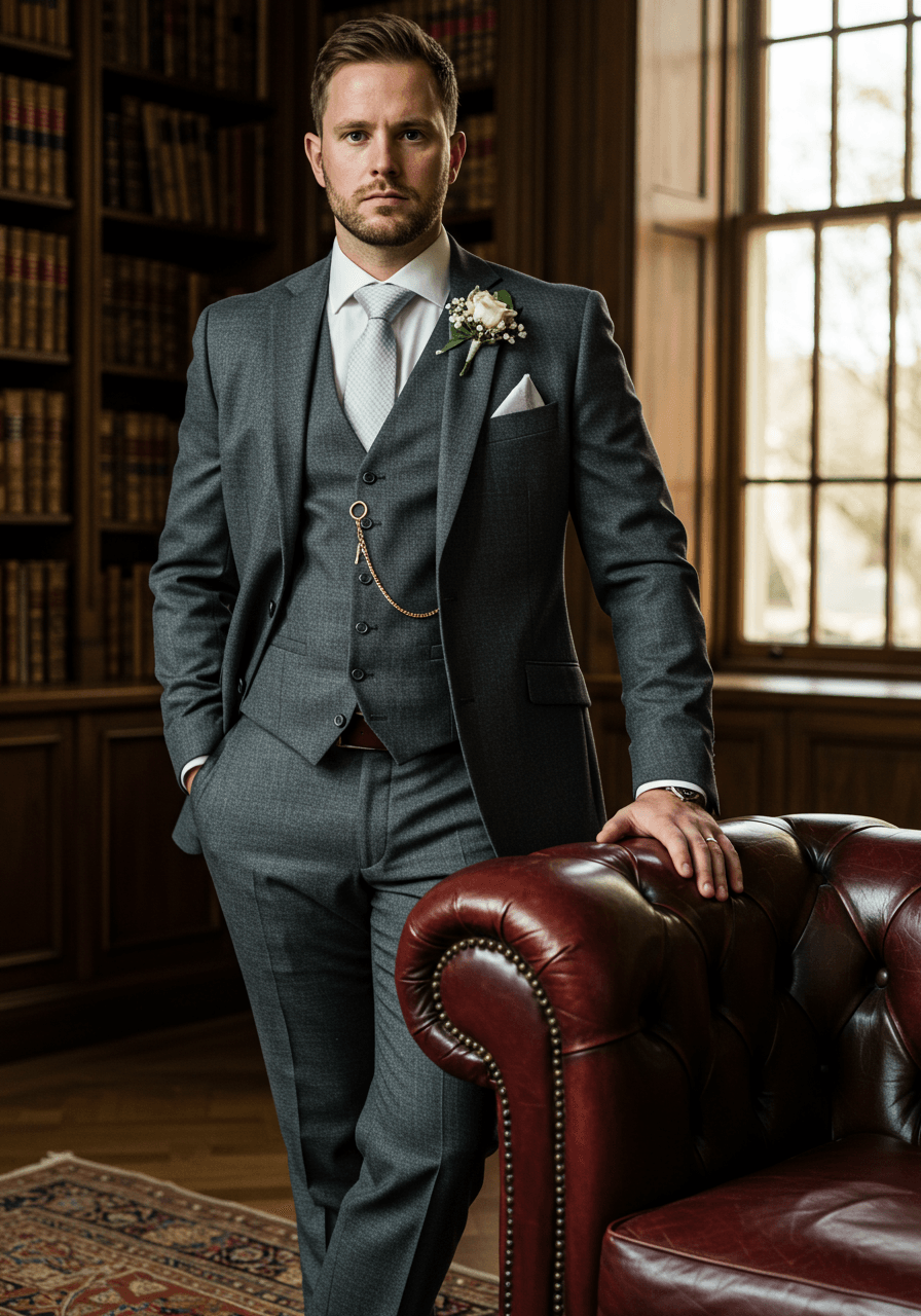 Distinguished groom in storm grey three-piece suit with ornate gold pocket watch in luxurious library setting with leather-bound books