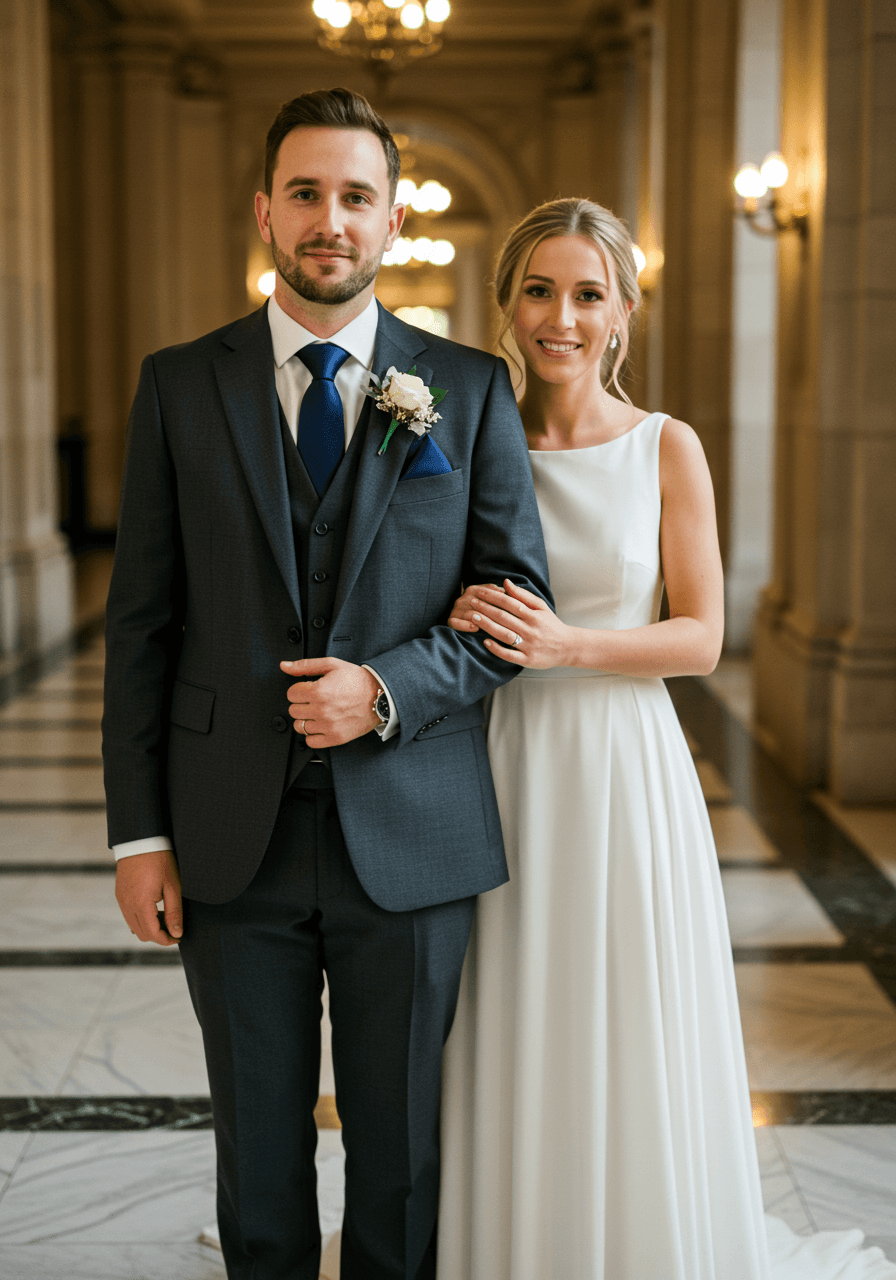 Bride and groom in elegant ballroom wearing charcoal grey three-piece suit with navy accents during golden hour lighting