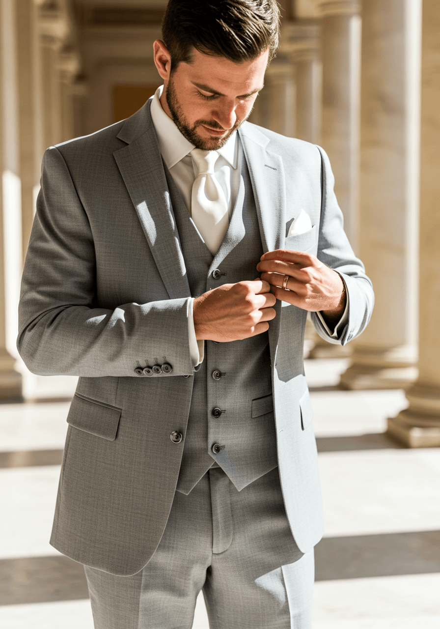 Detail shot of groom in light grey suit with white pocket square and silver tie adjustments in classical setting