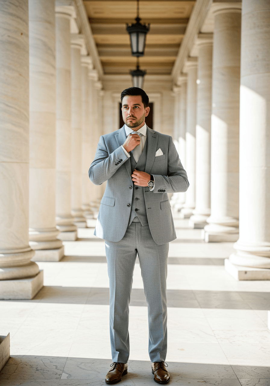 Groom adjusting silver silk tie whilst wearing light grey three-piece wool suit in sunlit marble courtyard with classical columns
