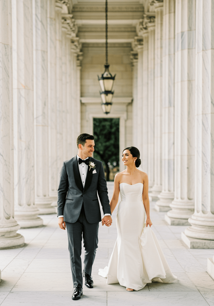 Bride and groom walking hand-in-hand through classic white marble colonnade with groom in gunmetal grey tuxedo during golden hour