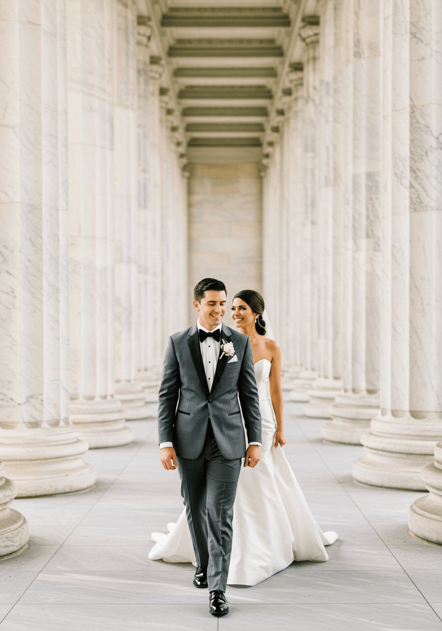 Romantic wedding portrait of couple pausing between marble columns with groom's gunmetal tuxedo creating elegant contrast