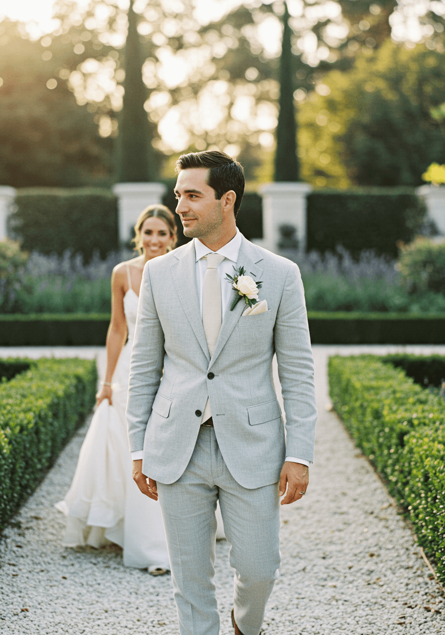 Bride and groom walking hand-in-hand through minimalist garden pathway with groom in pearl grey linen-blend suit during golden hour