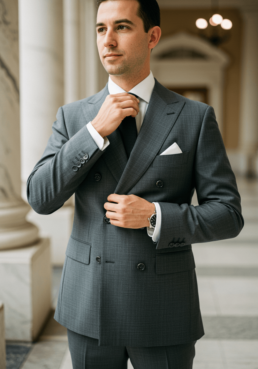 Groom adjusting silk tie wearing sophisticated ash grey double-breasted suit with peak lapels in marble venue