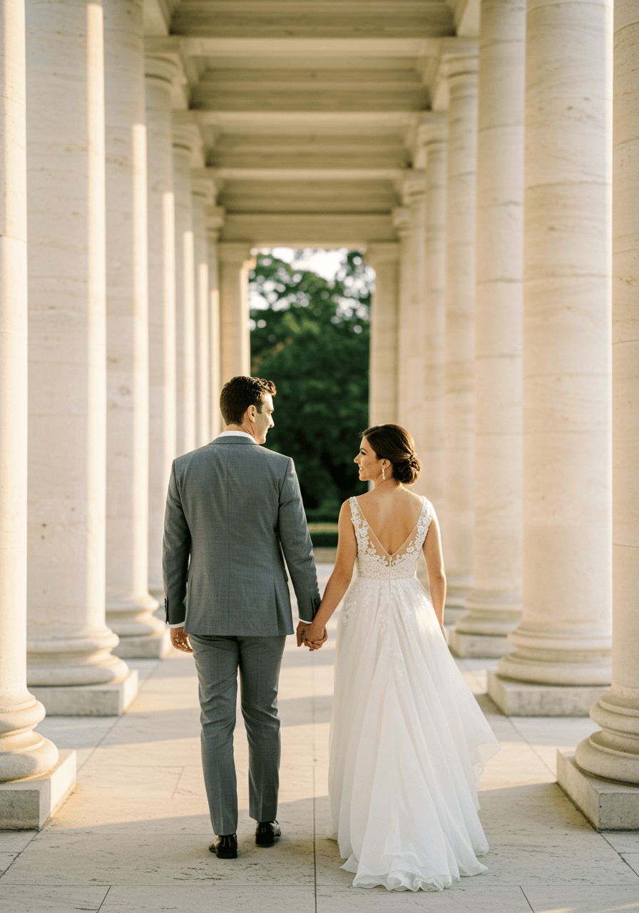 Bride and groom walking hand-in-hand through classic stone colonnade courtyard with groom in silver grey three-piece suit
