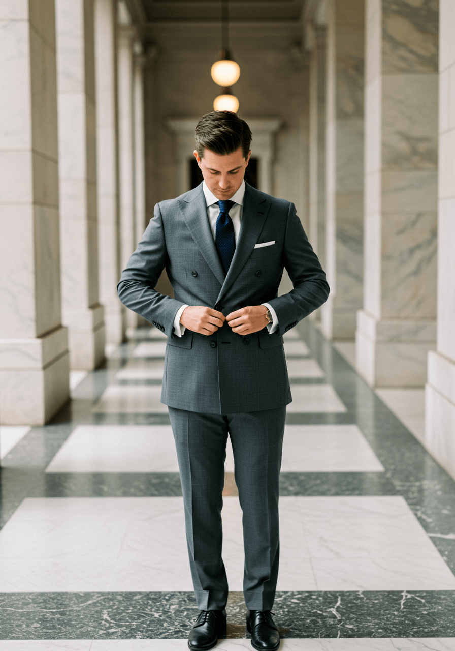 Full shot of groom in ash grey double-breasted suit displaying classic tailoring in marble-columned setting