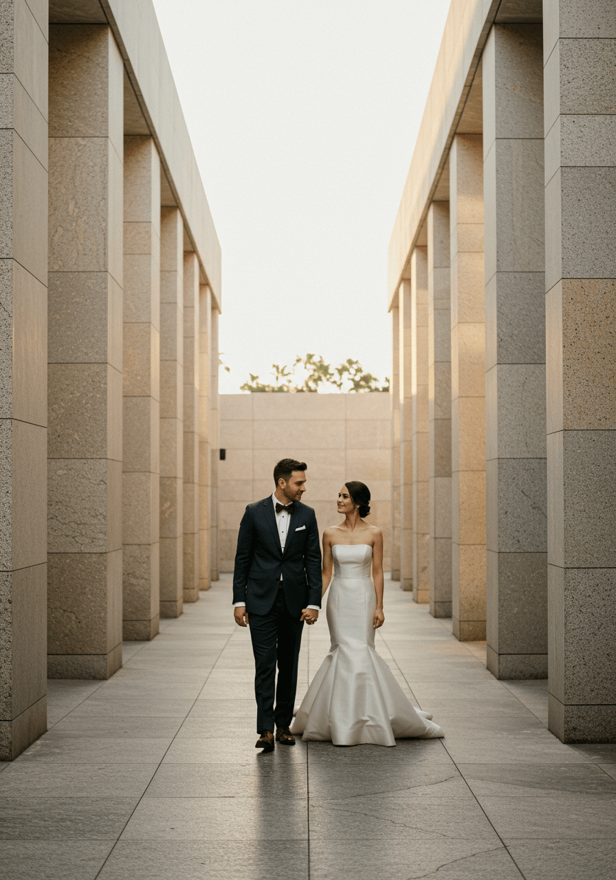 Bride and groom walking hand-in-hand through minimalist architectural courtyard with groom in smoke grey suit and black velvet bow tie