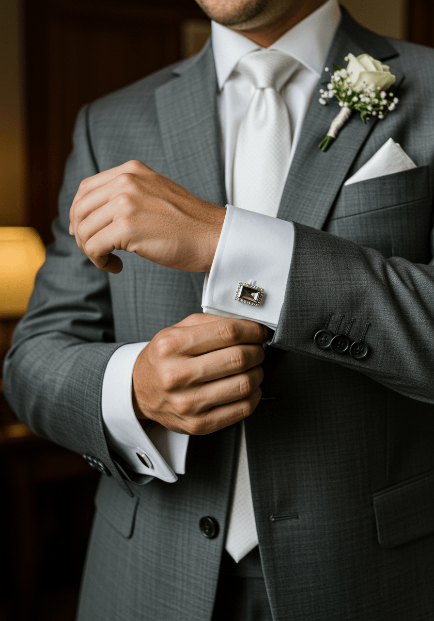 Medium detail shot of crystal cufflinks catching golden hour light against crisp white shirt and pewter grey wool fabric