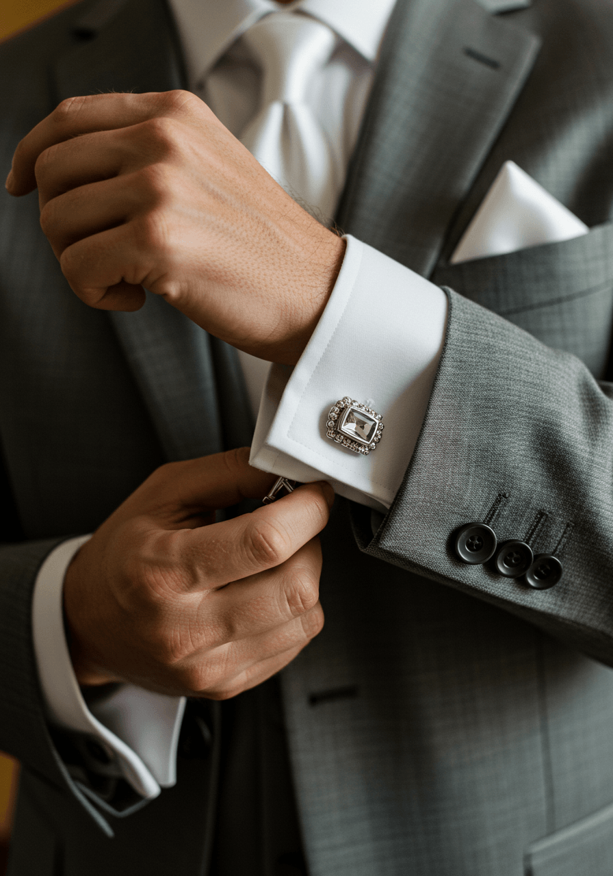 Close-up detail shot of groom's hands fastening sparkling crystal cufflinks on white dress shirt cuffs with pewter grey suit jacket